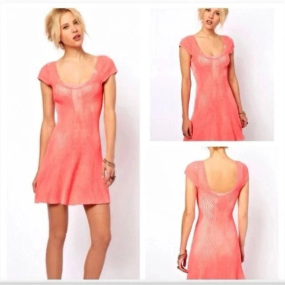 Free People Hot Off The Press Stretch Ribbed Knit Coral Pink Dress Size … - Picture 1 of 8